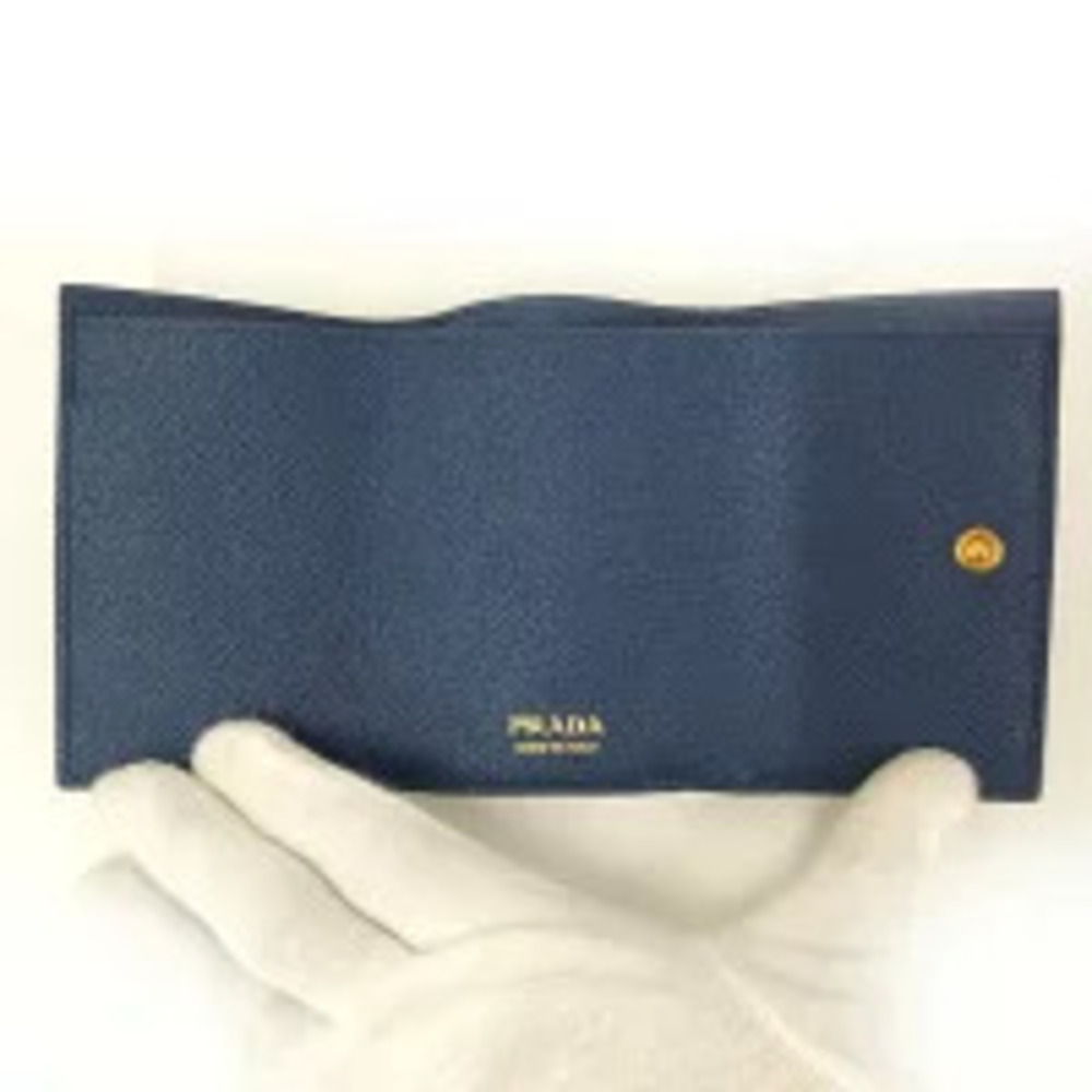 Prada Tri Wallet Leather Blue Navy Saffiano Compact fold Blue